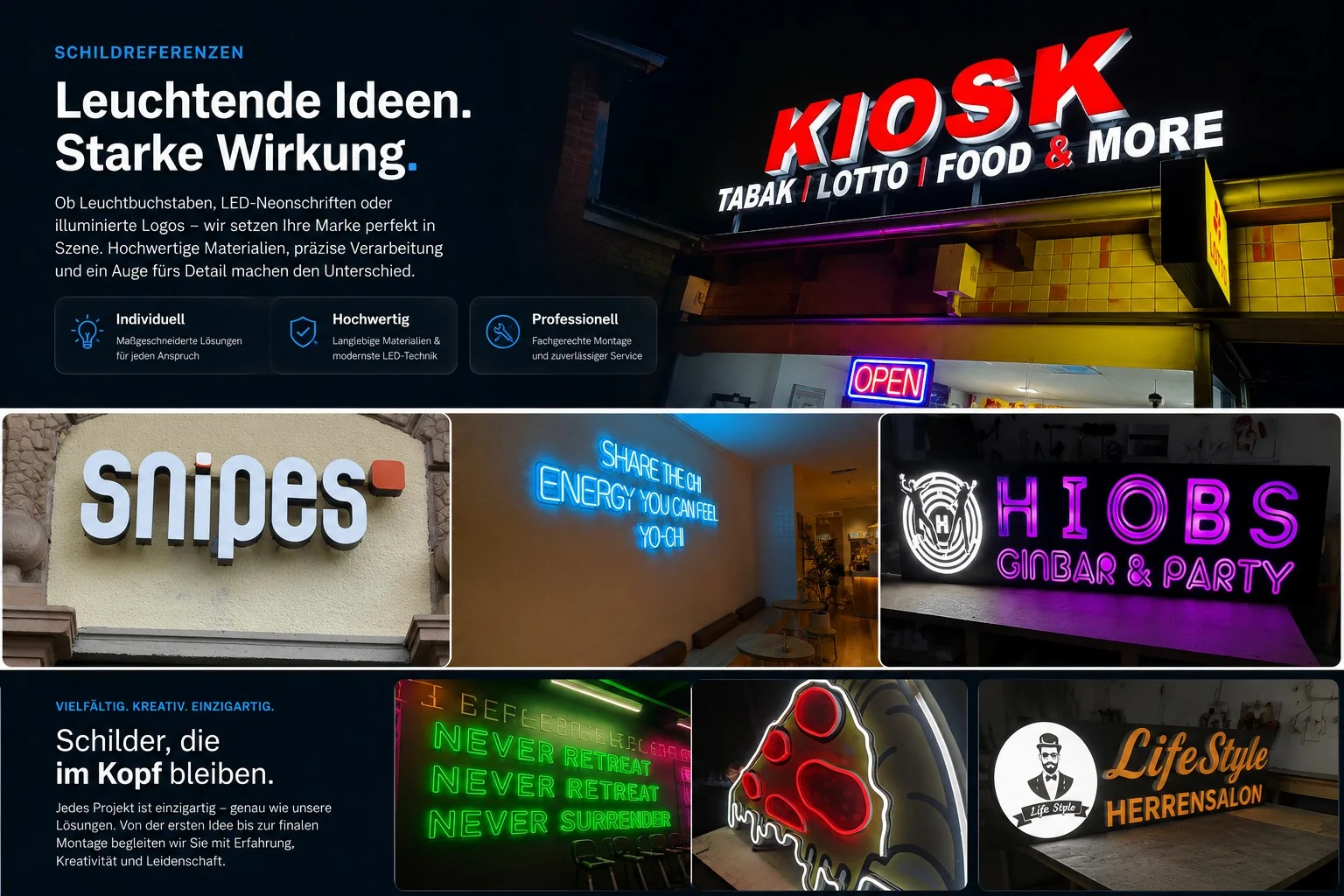 KILINC Referenzcollage mit KIOSK Lichtwerbung, Snipes Einzelbuchstaben, individuellen Neonschildern und realisierten Fassadenschriftzügen.