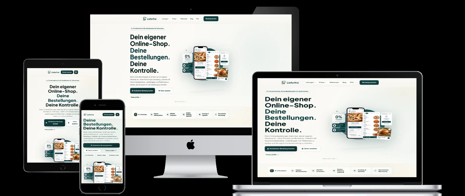 Responsive Lieferfrei Website mit eigenem Online-Shop auf Desktop, Laptop, Tablet und Smartphone.